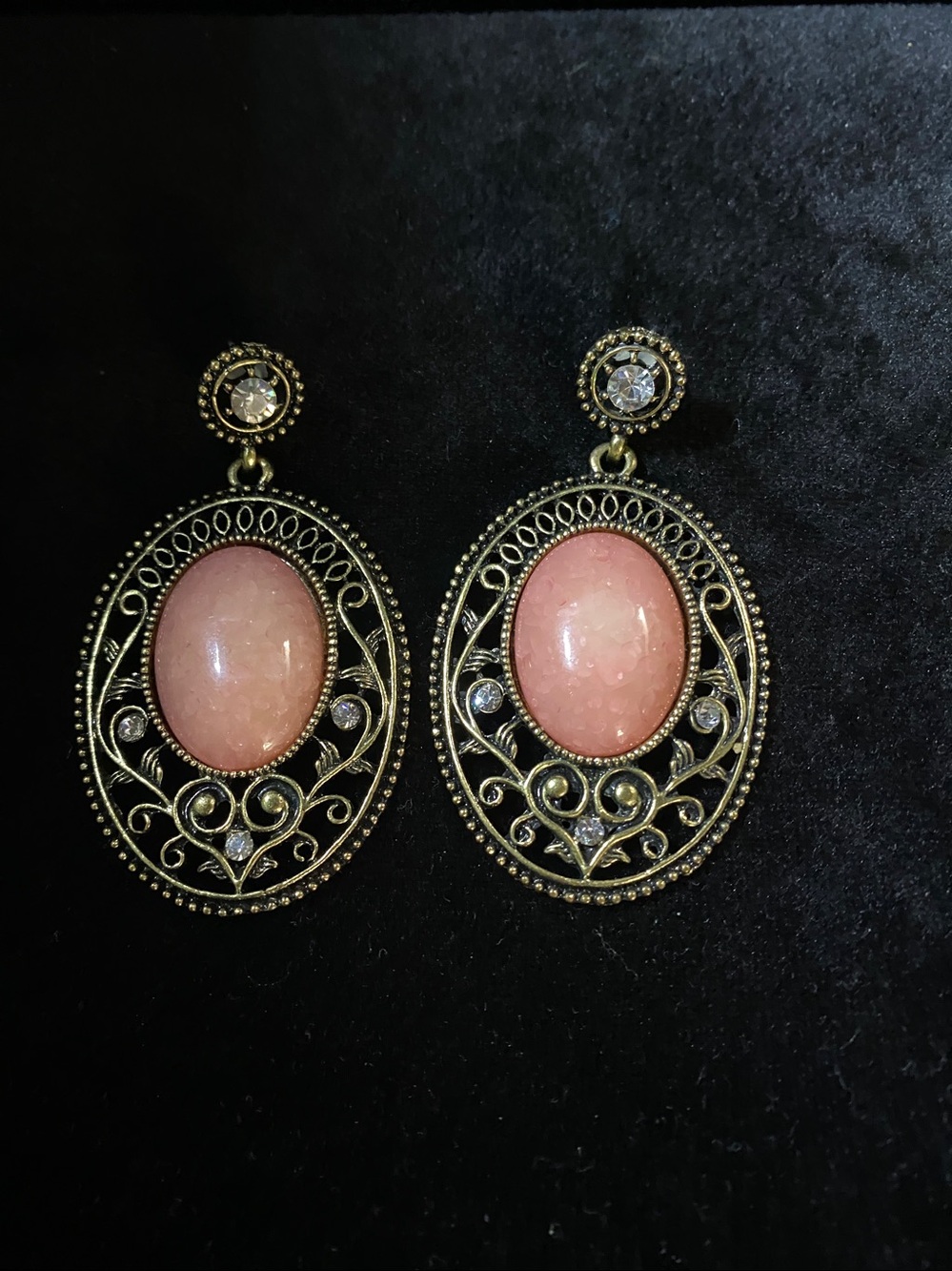 Vintage Antique Pink Crystal Cabochon Brass tone Filagree Rhinestone Earrings
